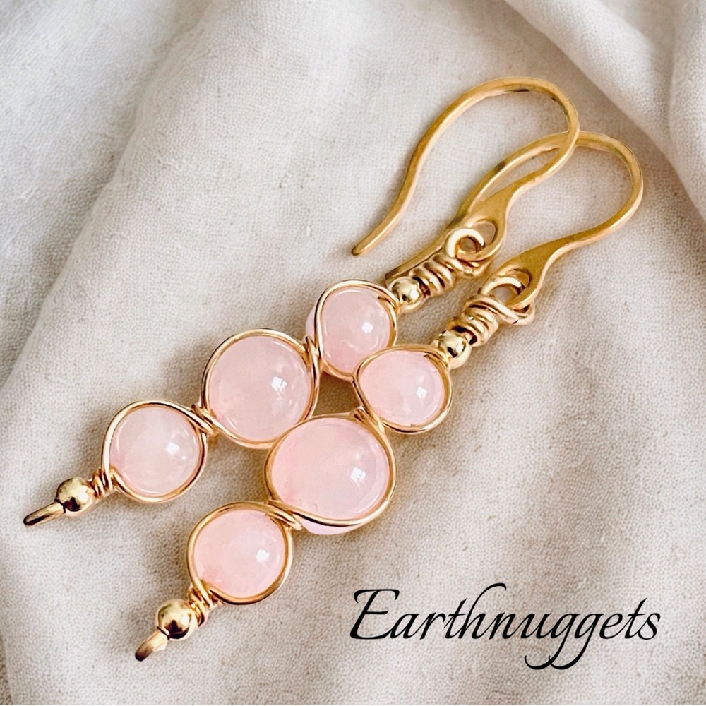 Handmade Wire Wrapped Rose Quartz Dangle Earrings - Artisan Gemstone Jewelry